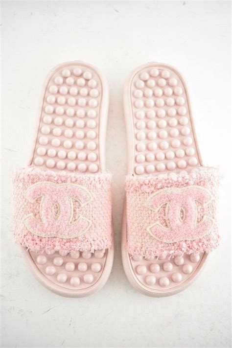 chanel pink pool slides|Chanel fluffy slides.